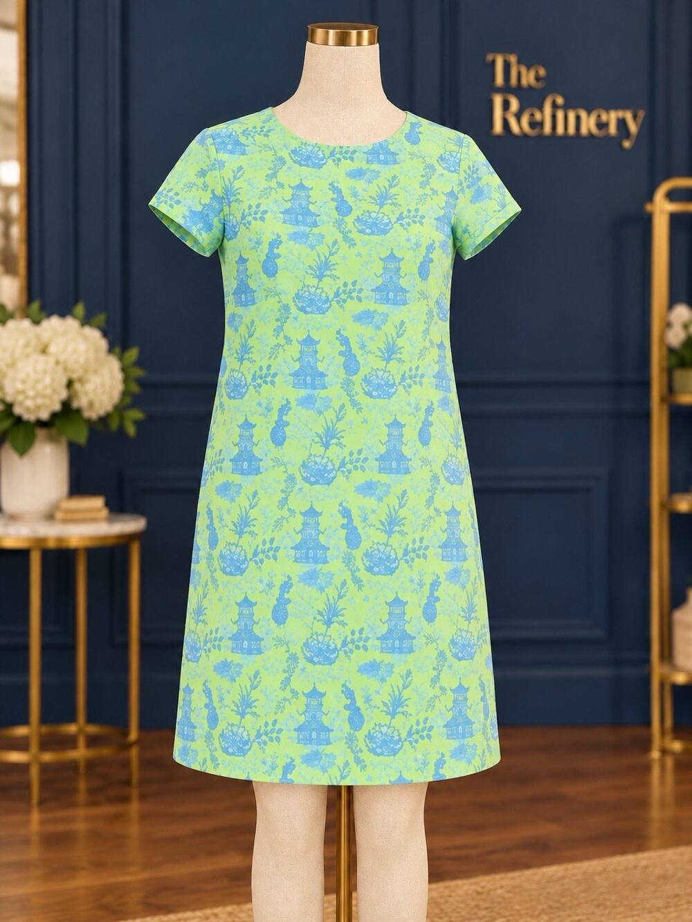 Katherine Way Womens Blue Green Pagoda Stretch Chinoiserie Shift Dress XS NWT